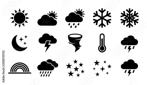 Tableau sur toile Weather icon set with 15 black vector symbols, meteorology forecast glyphs for s