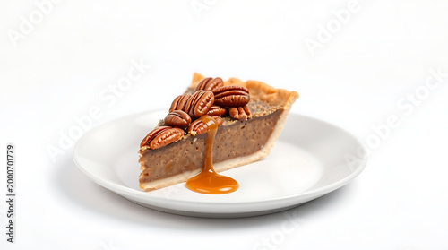 Golden Pecan Pie Slice with Caramel Sauce – Indulgent Sweet Pastry and Dessert Scene