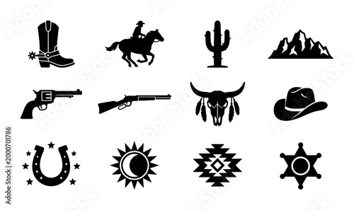 Foto Wild West vector icons set, black cowboy silhouette elements, western desert and