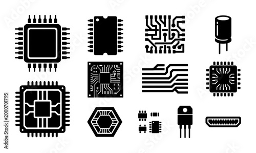 Photos Electronic circuit components and microchip icons, black silhouette semiconducto