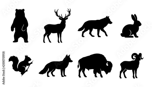 Εκτύπωση καμβά Wild animal silhouettes set of 8 vector icons, forest wildlife collection with b