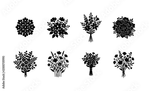 Quadro su tela Black silhouette flower bouquets vector set, 8 floral arrangement icons, botanic