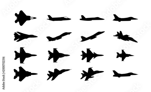Fotografi Military fighter jet silhouettes set, 16 black aircraft icons in vector format,