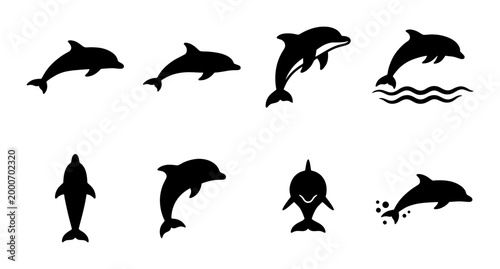 Cuadro en lienzo Dolphin silhouette icon set, collection of 8 black marine mammal vector symbols,