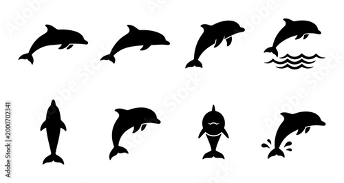 Obraz na płótnie Dolphin silhouette collection, set of 8 black aquatic animal icons, jumping sea