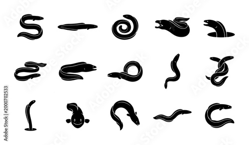 Photography Black eel silhouette icons set, 15 vector sea creature illustrations, minimalist