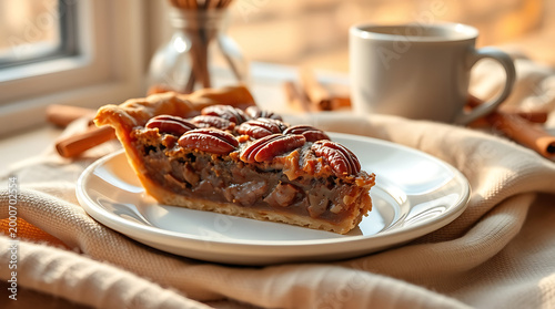 Homemade Pecan Pie Slice with Caramel Sauce – Sweet Indulgent Dessert Closeup