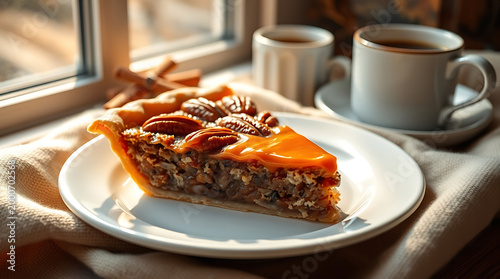 Warm Pecan Pie Slice with Honey Caramel Drizzle – Homemade Comfort Dessert Concept