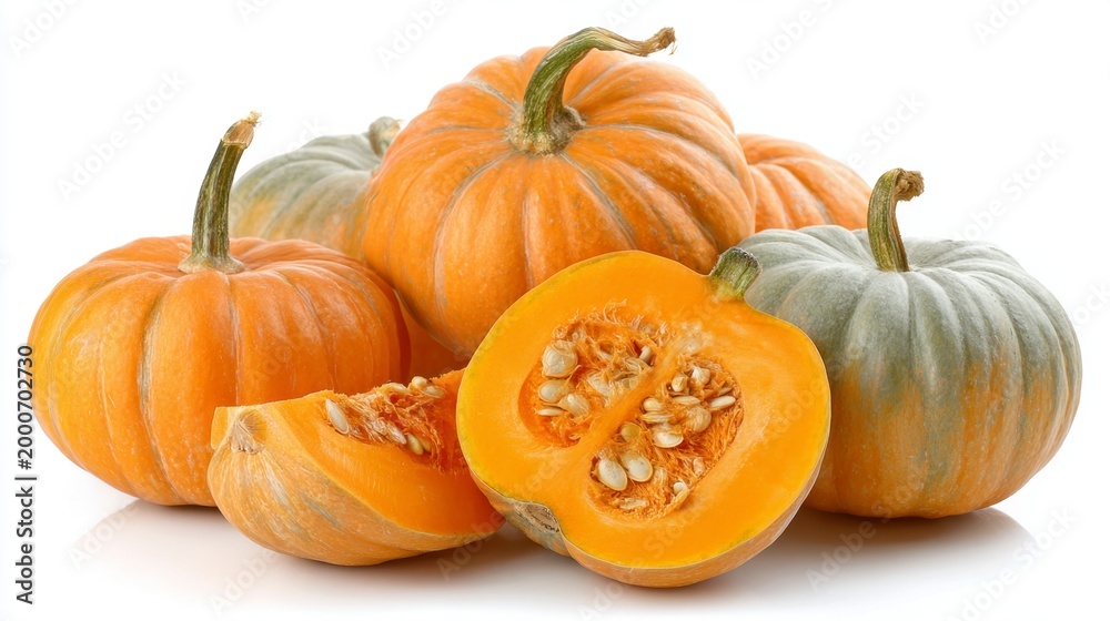 Obraz premium Bright Mini Pumpkins Group with Slice Exposing Seeds