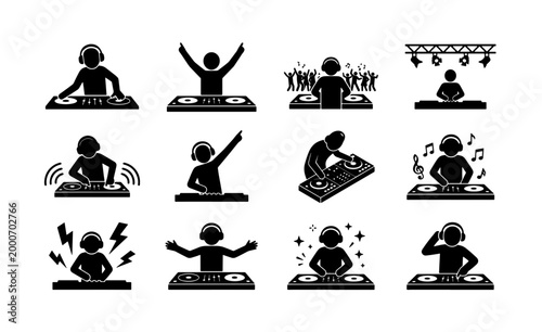 Фотография DJ icon set with 12 black stick figure pictograms, disc jockey performing at tur