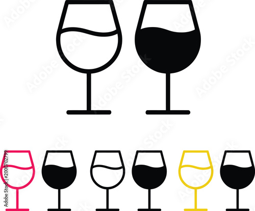 Comparison of wine glass types and their contents illustrated with two main and five variant examples