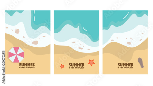 Set of three summer beach holiday vertical posters with top view of turquoise sea waves, sandy shore, beach umbrella, starfish, and flip-flops.