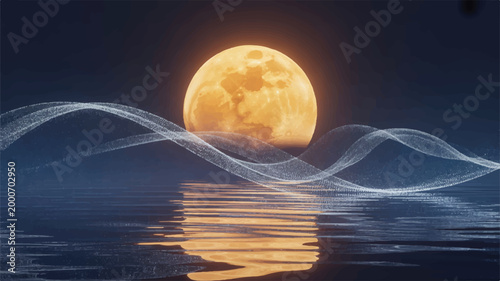 A digital art composition of a large, perfect orange moon rising over a serene ocean at night 