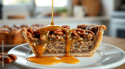 Classic Pecan Pie with Dripping Caramel – Rich Sweet Dessert and Bakery Concept