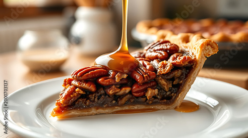 Sweet Pecan Pie Slice with Caramel Sauce – Indulgent Bakery Dessert Closeup