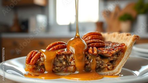 Pecan Pie Slice with Caramel Drizzle – Classic Homemade Dessert in Cozy Kitchen