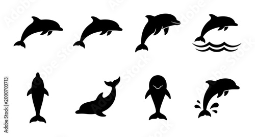 Canvastavla Dolphin silhouette collection, set of 8 black marine animal icons, jumping aquat
