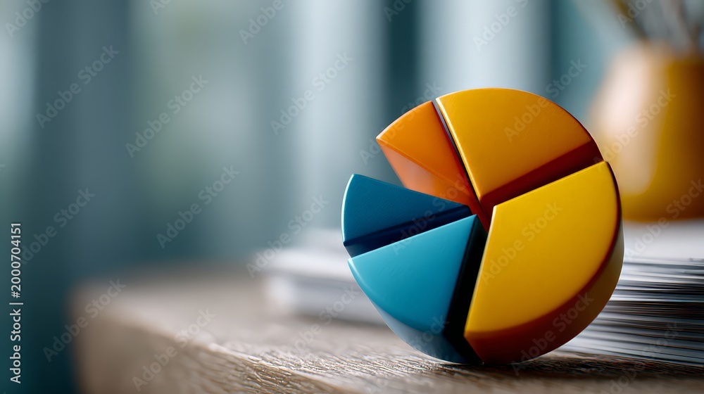 Fototapeta premium Colorful pie chart model on a desk in a modern office setting.