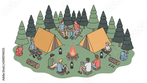 Isometric Hiking Camp Scene Vector Set – Tents, Campfire Life, and Forest Exploration