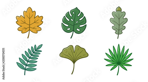 Botanical Leaves Doodle Icon Set in Flat Cartoon Style