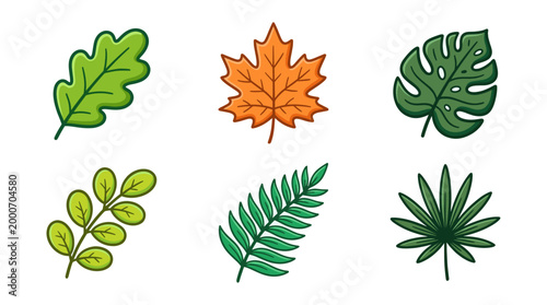 Botanical Leaves Doodle Icon Set in Flat Cartoon Style