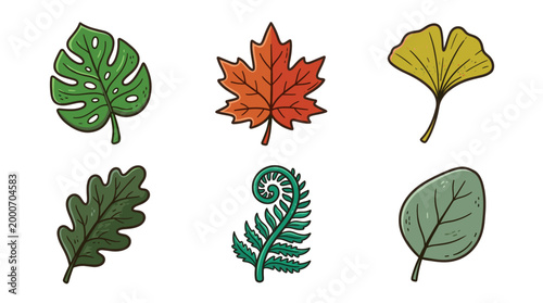 Botanical Leaves Doodle Icon Set in Flat Cartoon Style