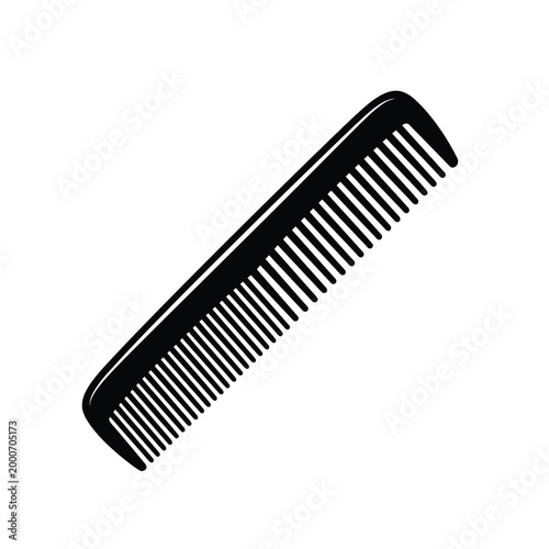 Black plastic hair comb with fine teeth, used for grooming and styling hair, isolated on a white background.