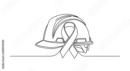 Continuous line art drawing of a safety helmet with a ribbon, symbolizing awareness and protection, perfect for industrial or safety-related themes