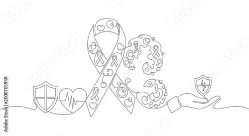 Continuous line art illustration of a health awareness ribbon with symbols of protection and life, representing medical care and well-being concepts