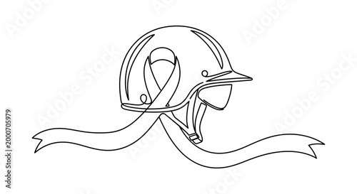Continuous line art ribbon and equestrian helmet graphic symbol for awareness and support