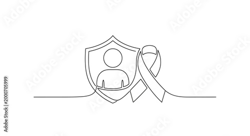 Continuous line art illustration of a shield with a person inside and a ribbon, symbolizing protection, health, and awareness of a cause