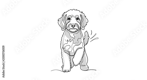 A charming continuous line drawing of a playful doodle puppy with its tail wagging, capturing its lively and adorable personality in a simple, elegant sketch