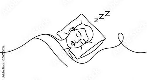 Sleeping Person, Relaxed Individual Resting Peacefully in Bed with Zzz's Representing Sleep and Tranquility, Single Line Art Style