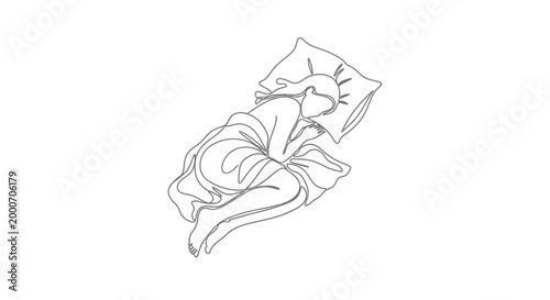 Continuous line art illustration of a person sleeping peacefully wrapped in a blanket on a pillow, symbolizing rest and relaxation