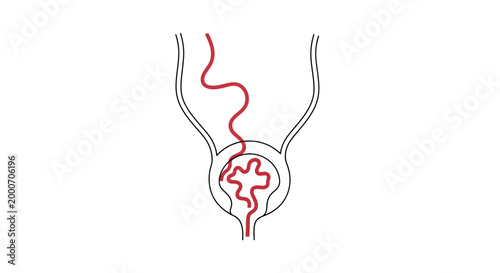 Abstract continuous line art illustration depicting a red wavy line entering a looped structure resembling a biological or anatomical form