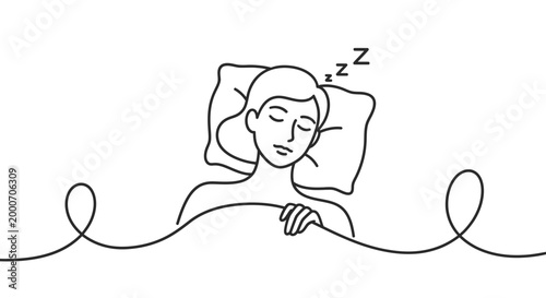 Simple continuous line art illustration of a person sleeping peacefully in bed with gentle waves indicating a calm state of rest