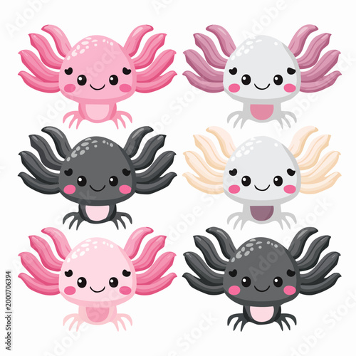 Colorful smiling axolotl cartoon characters.