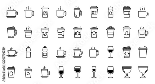 Collection of Hot and Cold Drinks Icons Coffee Cups Mugs Glasses Water Bottles Line Art Vector Set