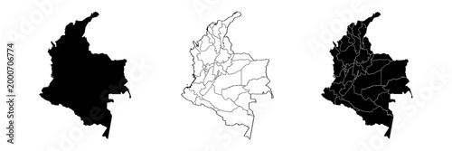 Colombia map in set. Map of Colombia.Map of the Colombia with political division, with political division.Colombia map silhouette linear and black illustration. Black and white. Vector editable