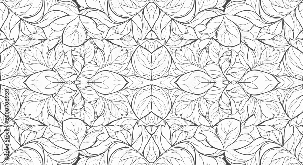 Fototapeta premium Monochrome Seamless Pattern of Intricate Stylized Leaf Outlines, Abstract Botanical Design