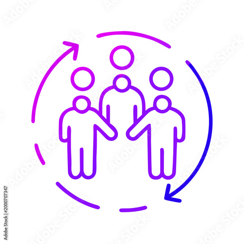 Group of people in circular formation with gradient arrows around  