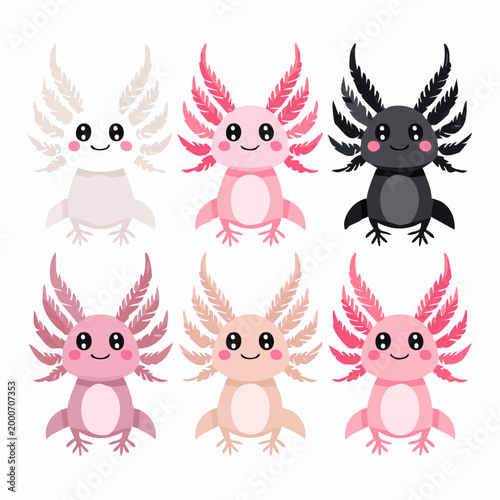 Colorful smiling axolotl cartoon characters.