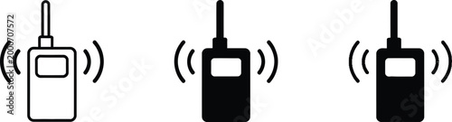 Walkie talkie icon set representing wireless communication, emergency safety alert, security guard radio device in clean vector illustration style