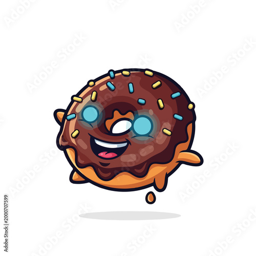 Happy Donut Mascot with Chocolate Glaze and Sprinkles