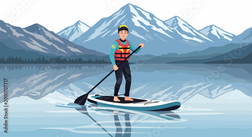 Man Paddleboarding on Serene Lake with Majestic Mountain Backdrop