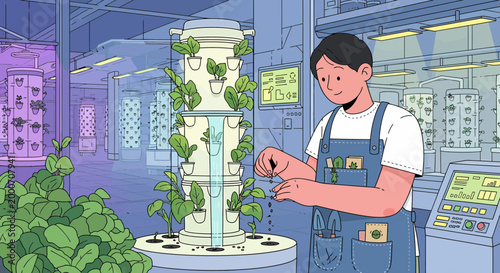 Vertical Farming Technology: Farmer Tending Hydroponic Plants in Modern Greenhouse