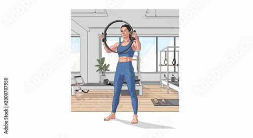 Woman doing Pilates exercise with a fitness ring in a bright studio