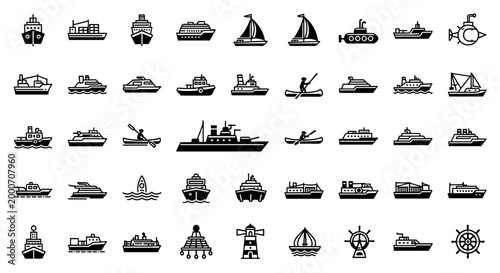 Collection of diverse watercraft icons including ships boats submarines sailboats and kayaks on white background for marine transport theme