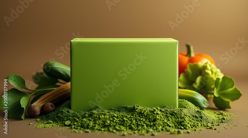 Minimal Green Packaging Box with Organic Vegetables – Sustainable Product Display Scene
