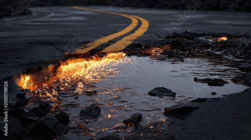 Cracked Road with Fire and Water Reflection in Twilight Lighting